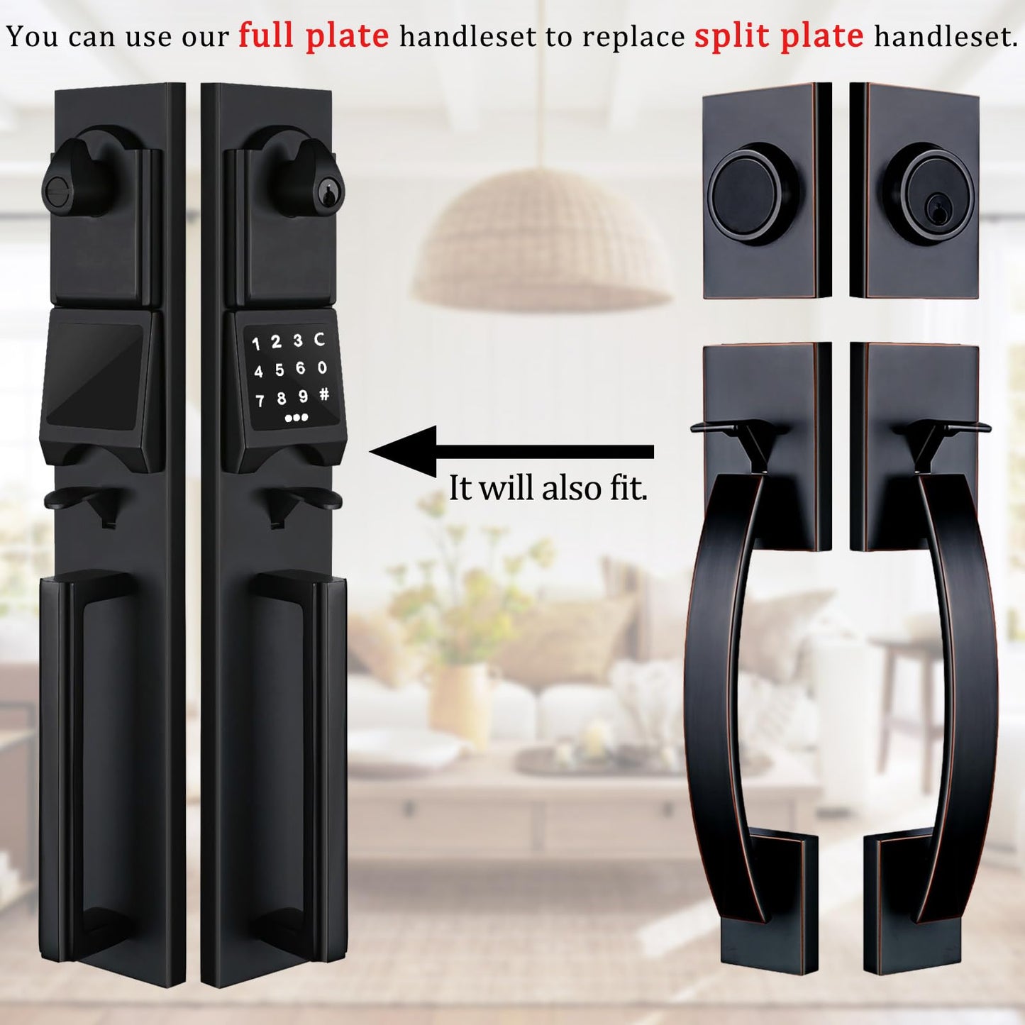 NEWBANG Right-Handed Matte Black Electronic Smart Handleset with Keypad Lock for Double Front Door（Keys Reserved）,MDHST2016DB-E-SET-RH