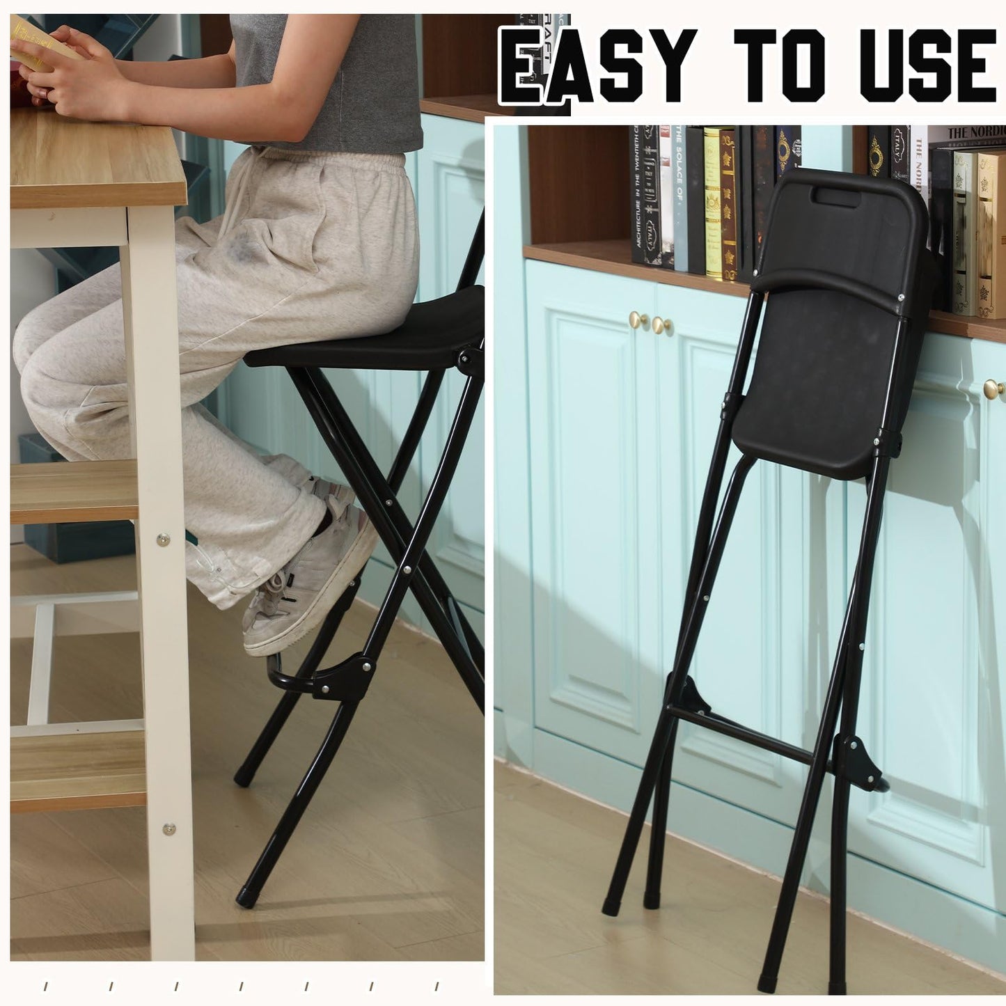 Sintuff 2 Pcs Folding Bar Stool with Back Tall Foldable Stool Chair Portable High Folding Bar Chair Counter Height Seat for Kitchen Island Shop Cafe Dining Room (Black)