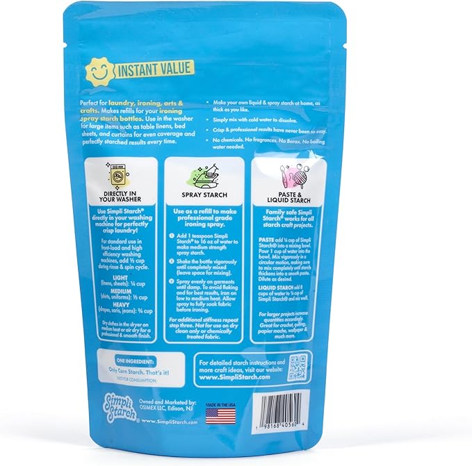Simpli Starch® Dissolvable Starch Powder Mix. Makes Two Full 64 Oz Liquid Starch. Perfect For Laundry and Ironing, Add Directly to Your Washer. Ideal for Paper Mâché, Silly Putty, Playdough - 8oz (1)