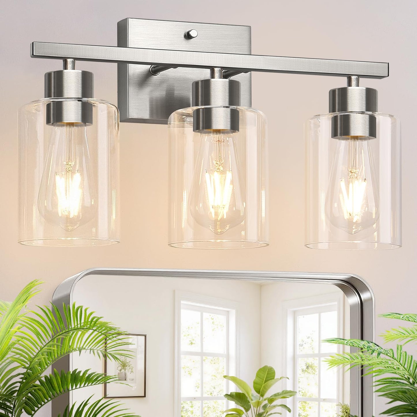 Meybiok 3-Light Bathroom Light Fixtures, Brushed Nickel Vanity Lights, Bathroom Lighting with Clear Glass Shade, Vanity Lighting fixtures for Mirror Kitchen Bedroom Hallway Living Room