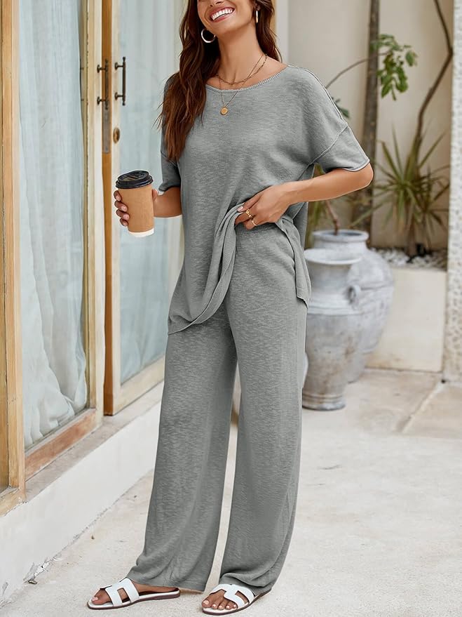 Tankaneo Women's 2 Piece Travel Outfits Casual Short Sleeve Knit Sweater Set Wide Leg Pants Lounge Sets Tracksuit