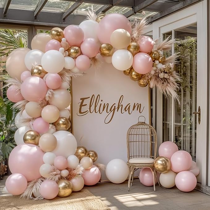 Pink Gold White Balloon Arch Kit, Pastel Light Pink and Beige Sand White Gold Chrome Balloon Garland Kit for Girls Women B...