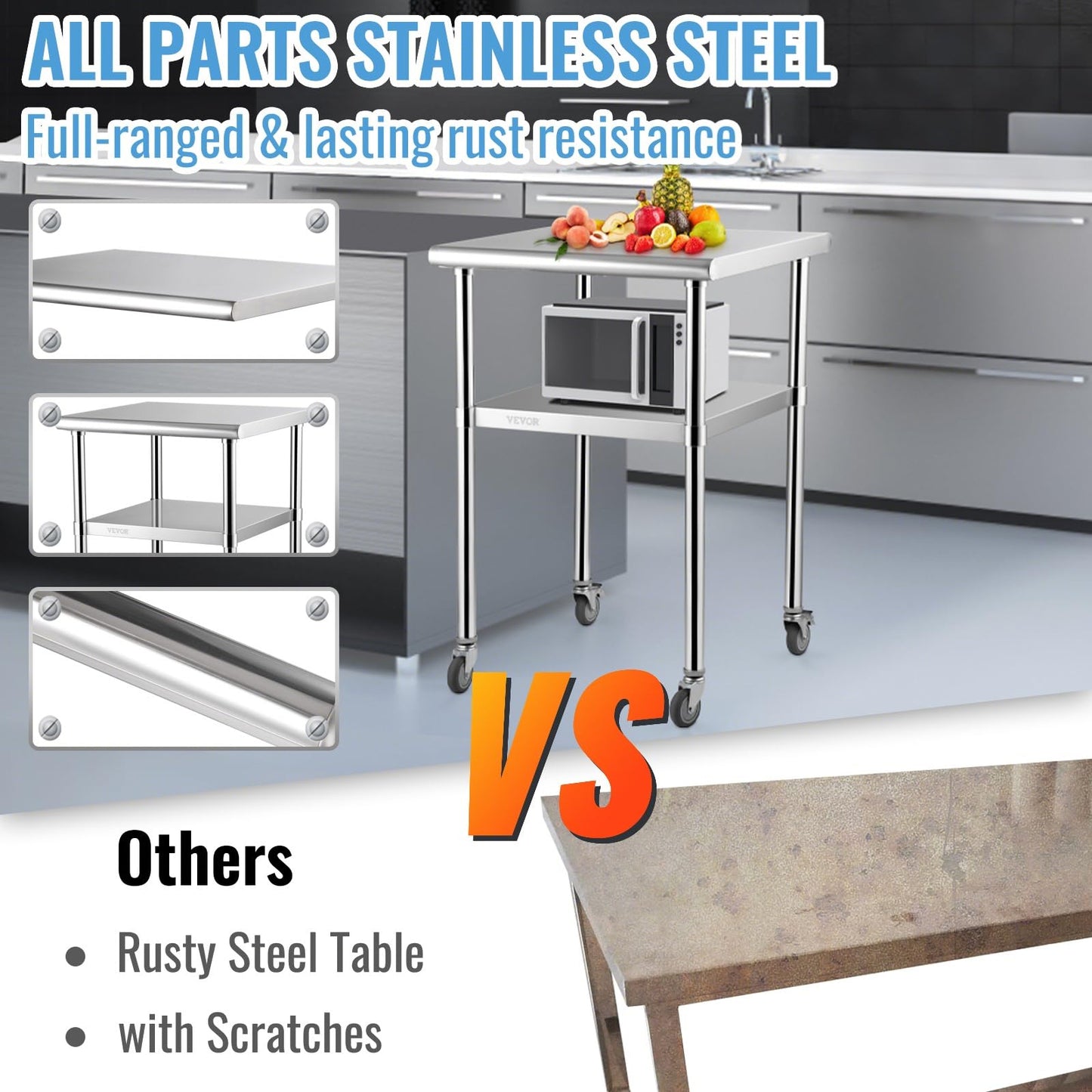 VEVOR Stainless Steel Prep Table, 24 x 24 x 33.5 Inch, 600lbs Load Capacity Heavy Duty Metal Worktable with Adjustable Undershelf & Universal Wheels, Commercial Workstation for Kitchen Garage Backyard