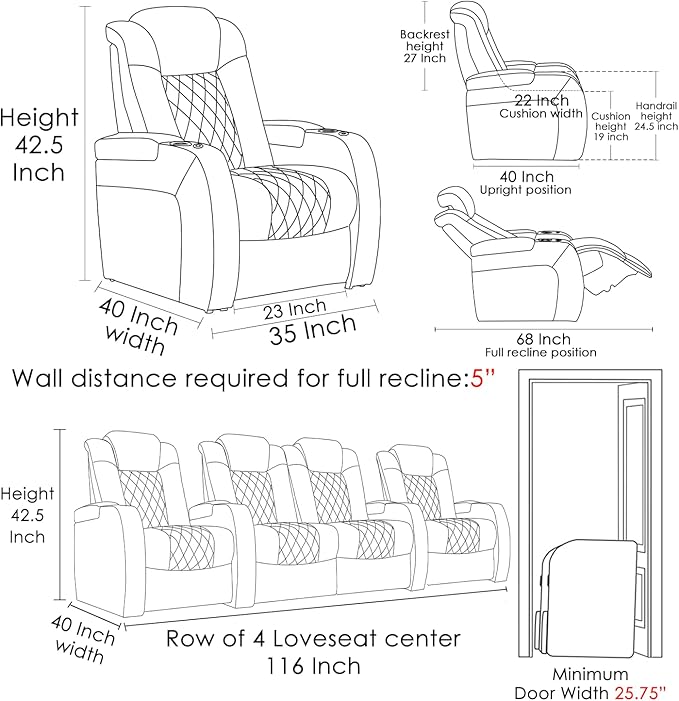 Weilianda Home Theater Seating Top Grain Leather Zero Gravity Recliner Chair Power Headrest Recline Movie Seat Gaming 7 Colors Mood Light Sofa with Tray Table USB Charge Row of 4 Loveseat Middle Brown
