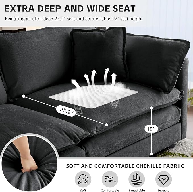 SoarFlash Chenille Sectional Sofa, Comfy Modular Loveseat Sofa, Modern 3-Seat Couch Deep Seat Sofa Set for Living Room,Grey