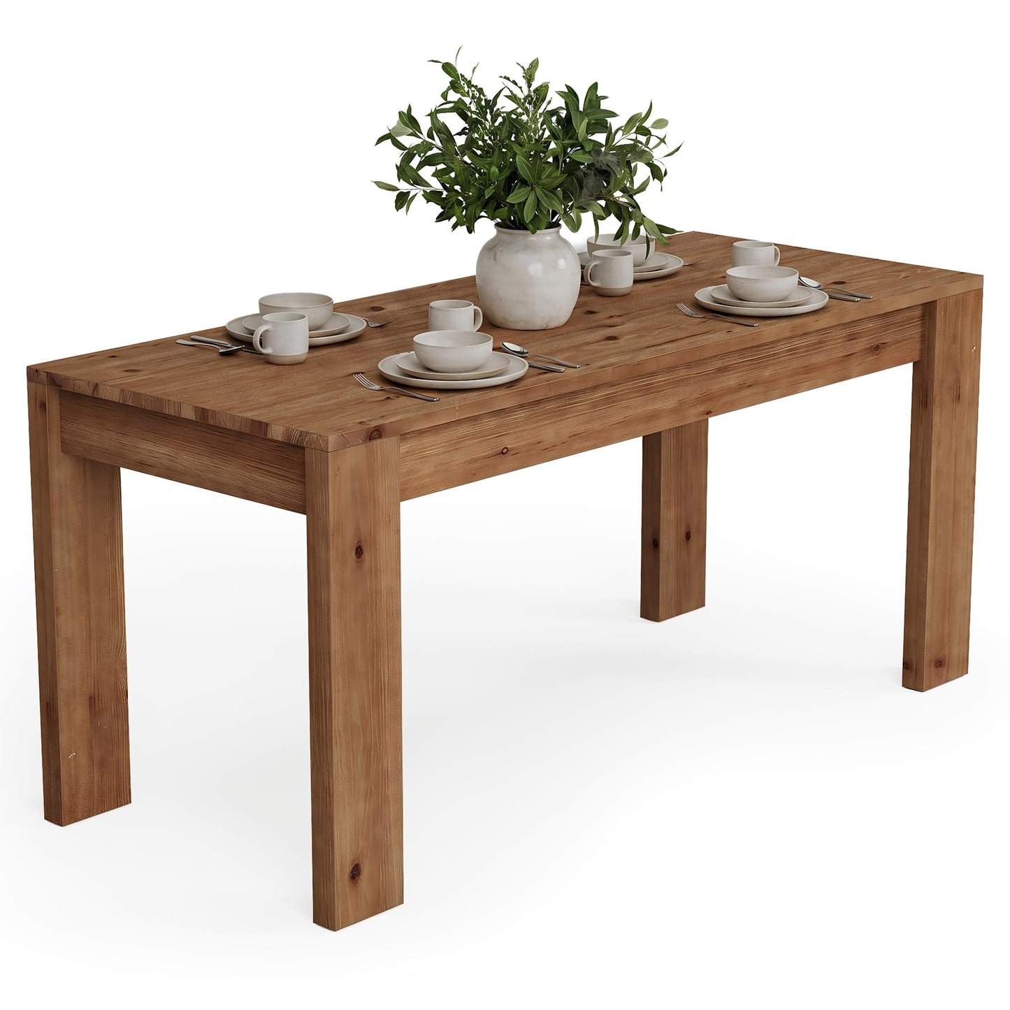 LITTLE TREE 55.12" Solid Wood Rectangular Dining Table, 30.71" Height Farmhouse Kitchen Table with Thick Legs for 4-6 People, Warm Rustic Brown(Table Only)