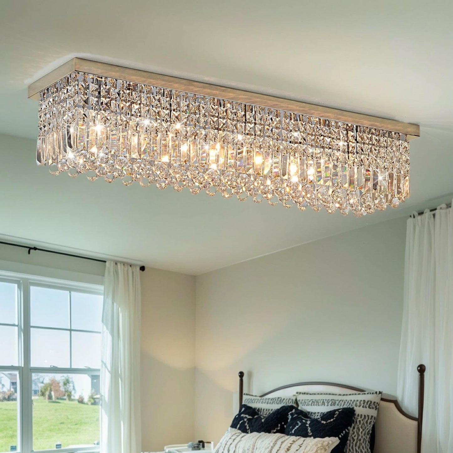 Tinkoso Crystal Chandelier for Dining Room 39.3" Modern Gold K9 Crystal Rectangle Chandeliers Flush Mount Pendant Light Fixture Kitchen Island Bar Dining Room Bedroom Bathroom Hotel