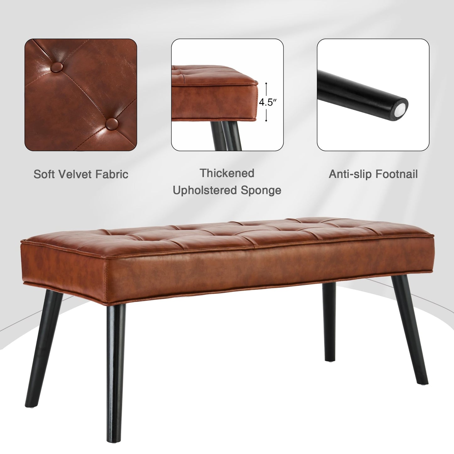 LOULENS 40'' PU Leather Tufted Ottoman Bench, Modern Upholstered End of Bed Bench, Waterproof Leather Entryway Bench with Wood Legs, Accent Footrest for Living Room, Brown