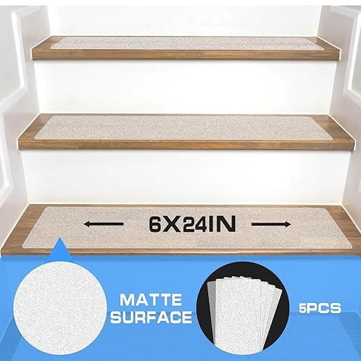 LadyRosian Outdoor Stair Treads Non Slip 5-Pack Clear 6" x 24" - Weather Resistant Adhesive Heavy Grip Tape - Waterproof Anti Skid Strips