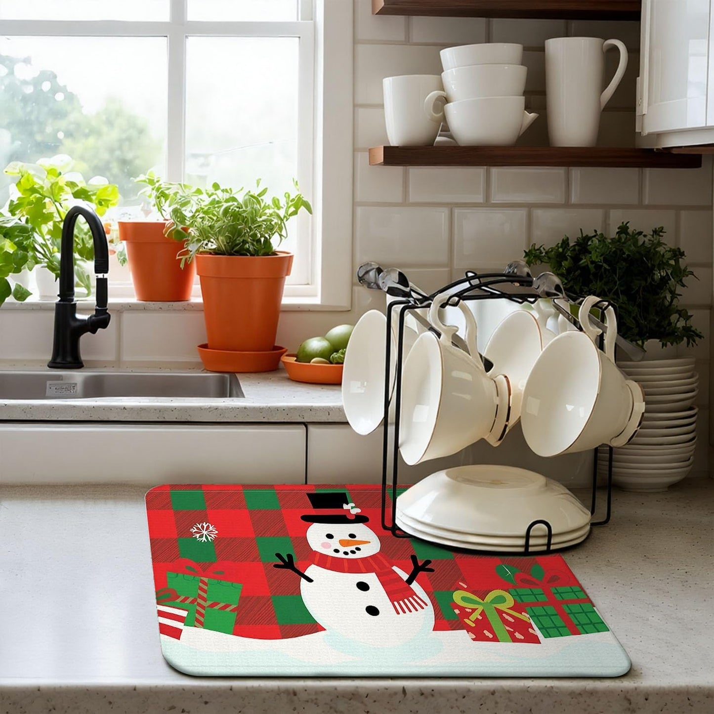 Christmas Drying Mat for Kitchen Counter 16" X 18" Christmas Dish Drying Mat for Kitchen Decor Red Snowman Xmas Drying Mats For Home Counter Drying Mats For Dishes Dish Mat Drying Mat