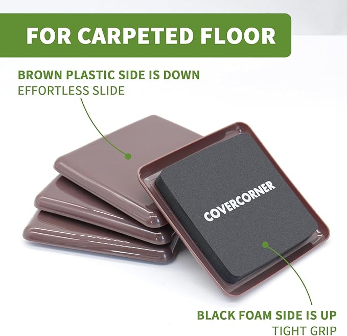 COVERCORNER Furniture Sliders for Carpet 8 PCS - 3 1/2 inch Furniture Moving Slider Chair Legs Floors Protectors Square Furniture Movers Sliders – Move Your Furniture Easy & Safely(for Carpet)-Brown