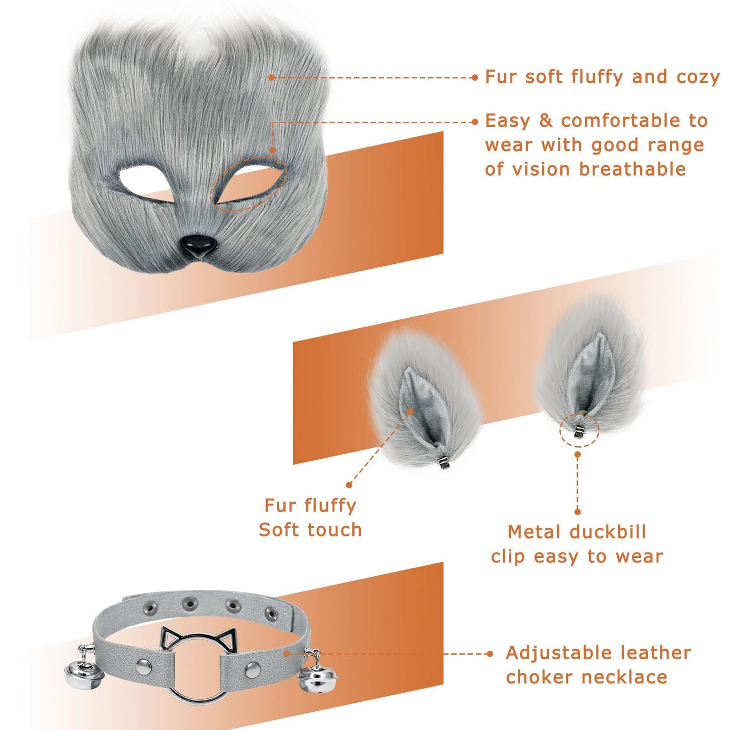 Yinhua Gray Therian Mask and Tail Kit Faux Furrfy Fox Mask Cat Paws Gloves and Ears for Kid & Adult Halloween Cosplay Party