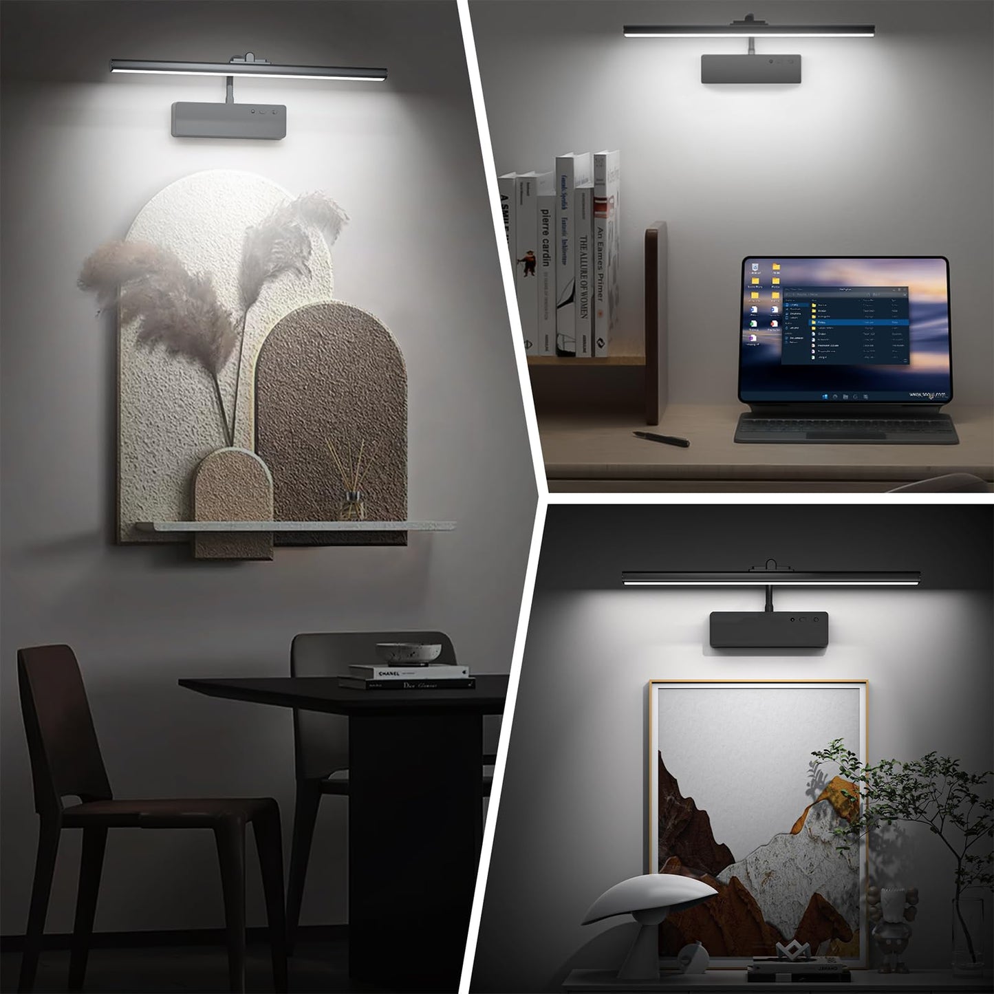 Picture Light, 15.35inch Wireless Picture Lights for Wall Rechargeable, 5400mAh Battery Wall Light with Remote, 3 Color Art Lighting for Paintings with Timer and Dimmable Artwork Display (Black-2PCS)
