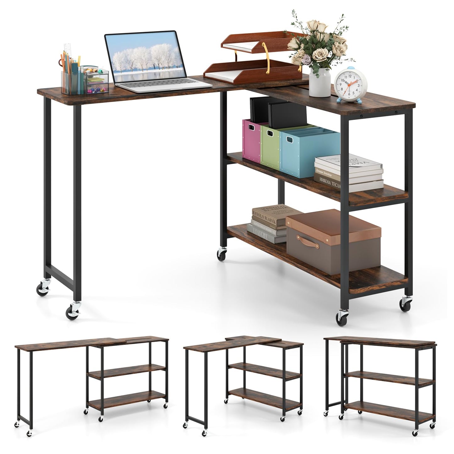 Giantex 360° Free Rotating Sofa Side Table, Patented Mobile End Table with 2-Tier Storage Shelves, Movable Laptop Table w/ 6 Universal Casters, Couch Table Snack Table for Home Office, Large