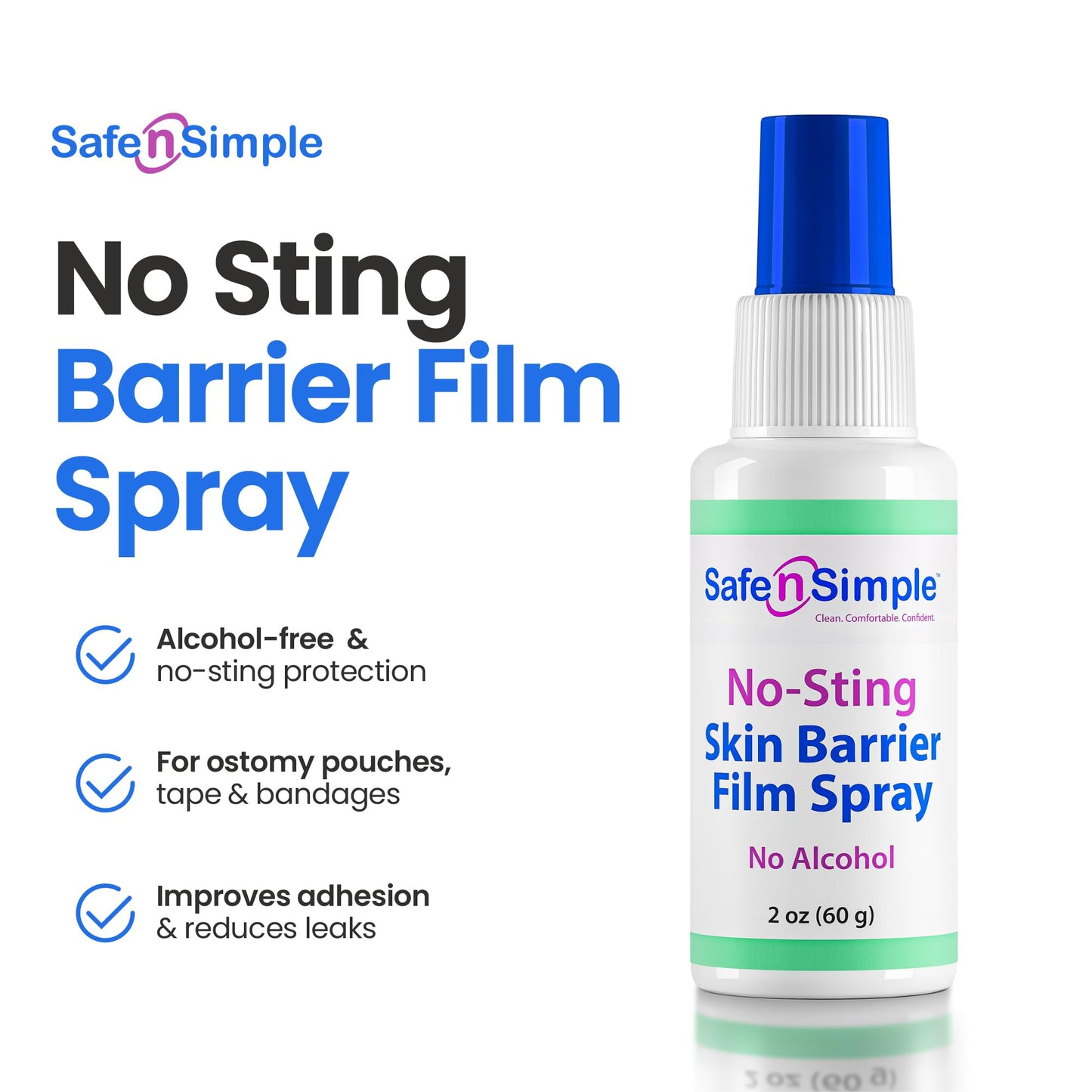 Safe n' Simple No Sting Barrier Film Spray - 2 Oz - Odor-Free Pre Tape Solution - No-Alcohol Skin Prep - Adult Adhesive Spray for Skin Protectant