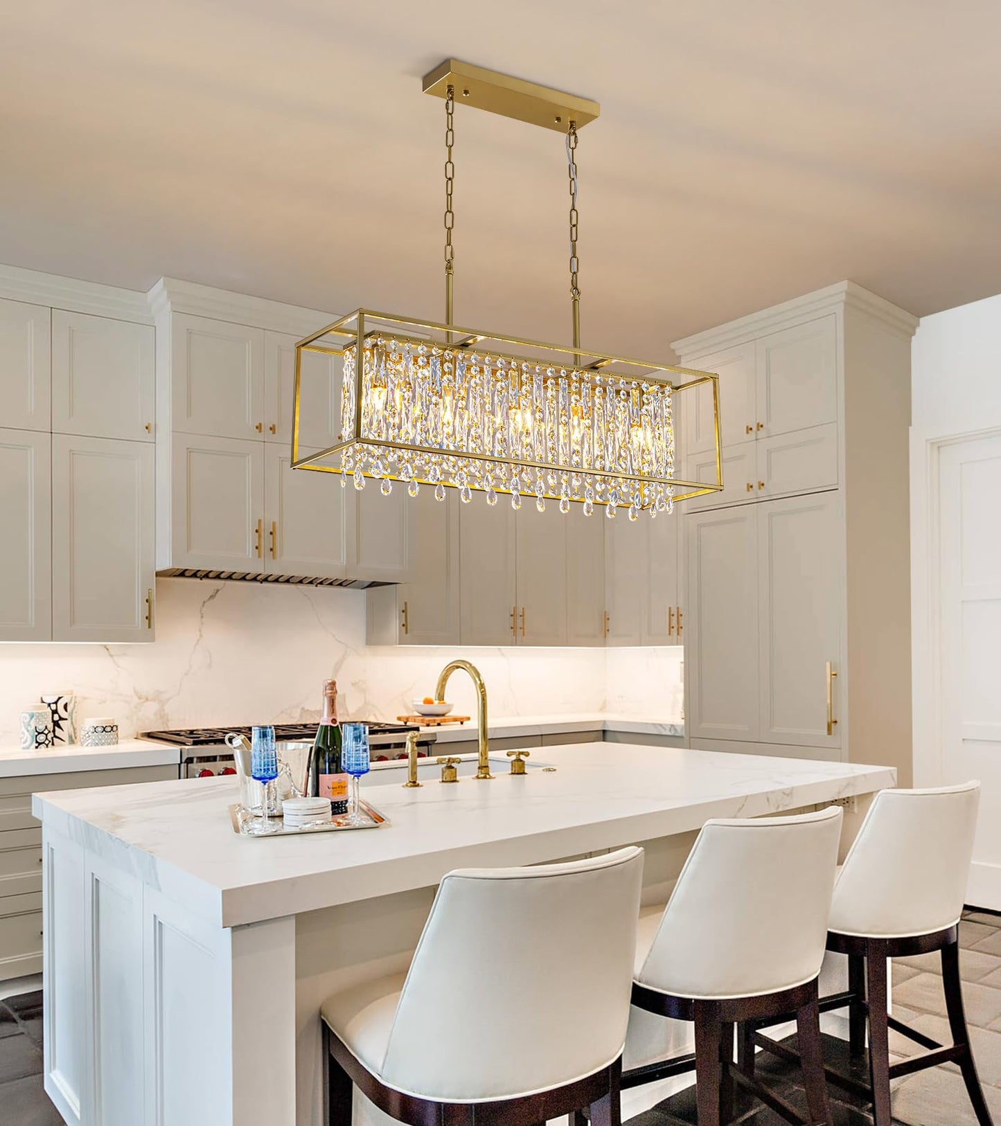 Siljoy Rectangular Gold Crystal Chandelier for Dining Room, 5-Light Modern K9 Crystal Raindrop Chandelier Luxury Crystal Pendant Ceiling Light for Living Room Kitchen Island L35.4'' x W11'' x H12''