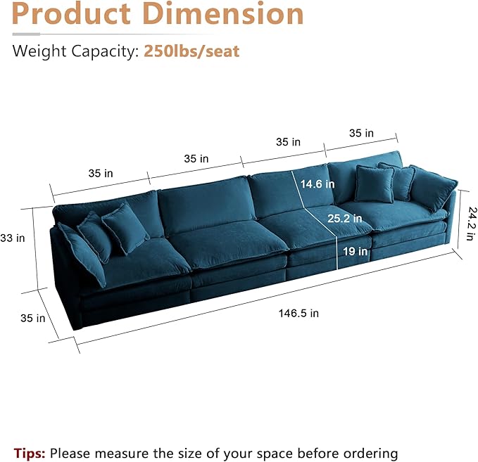 mikibama Luxury Modular Sectional Sofa, 146.5" Modern Chenille Comfy Cloud Couches for Living Room Office, 4 Seater Deep Sofa with 2 Armrest Pillows and 4 Toss Pillows, Blue