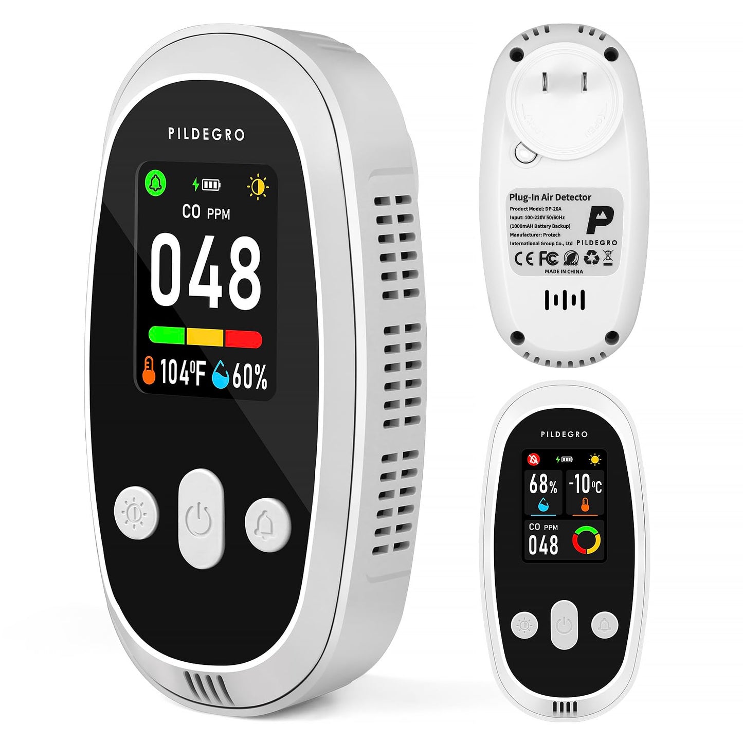 Pildegro Carbon Monoxide Detectors Plug in with Rechargeable Battery Backup, Upgraded 10-Year Sensor, Dual-Mode LED Display, Real-Time Portable CO Monitor with Temp & RH for Home and Travel