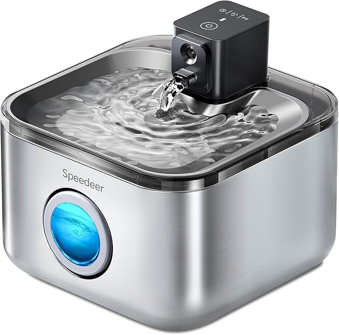 Speedeer Wireless Cat Water Fountain Stainless Steel, 135oz/4L Pet Fountain Battery Operated, Cordless Running Water Dispe...