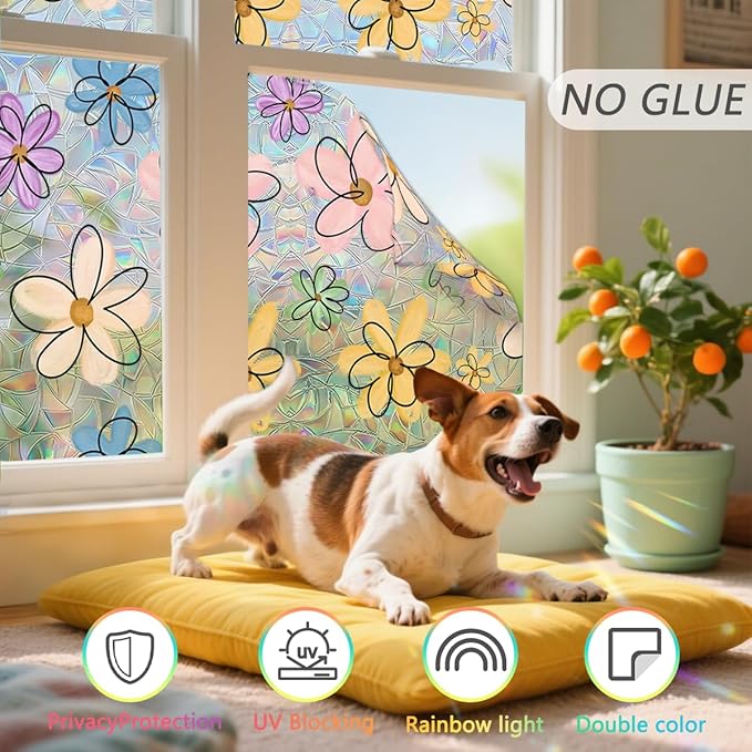 Daisy Flower Stained Glass Window Film Static Cling with Tools - 23.6 x 78.7 Inch Non-Adhesive Privacy Decorative Cute Rainbow Film for Windows, Doors, Sidelights - Easy Install & Remove