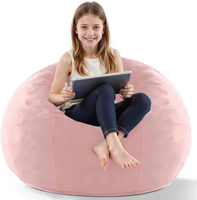 HABUTWAY 2FT Bean Bag Chair, 2' Beanbags Small Bean Bag Chairs with Filling, Teardrop Bean Bag Chair Luxurious Velvet Ultra Soft Fur with Removable Cover (Soft Pink)
