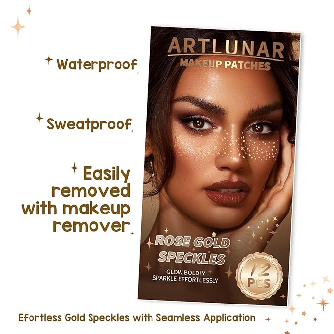 Artlunar 12Pcs Christmas Rose Gold Sparkle Makeup Patches - Body Glitter Stickers for Face and Body, Perfect for Festivals and Parties (Rose Gold),Christmas Makeup Gifts for Women and Girl.