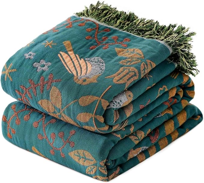 Boho Throw Blanket for Couch 100% Cotton Soft Birds and Floral Double Embroidery Breathable Throw Blankets,50"×60" All Sea...