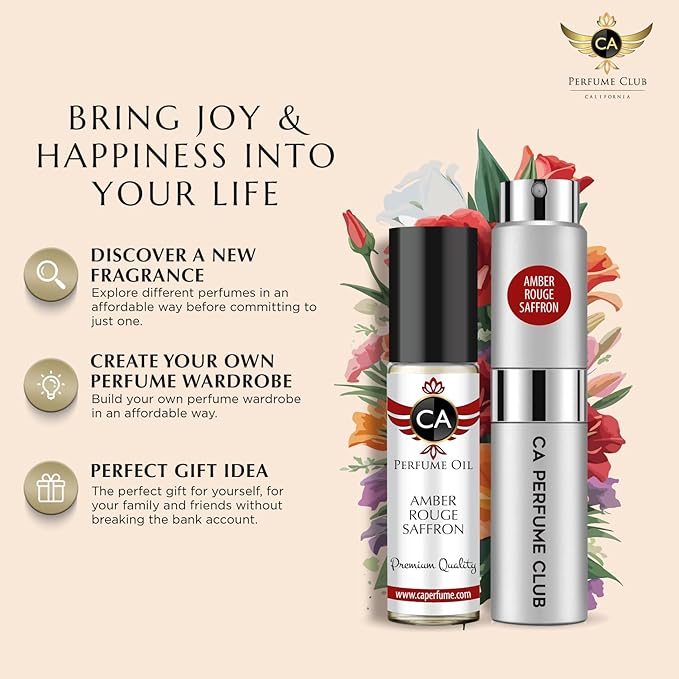 CA Perfume Duo Impression of Amber Rouge Saffron For Women and Men Fragrance Layering Set Bundle – Eau De Parfum + Body Oil Roll-On Bottle (Set of 2, 0.27 Fl Oz + 0.33 Fl Oz)