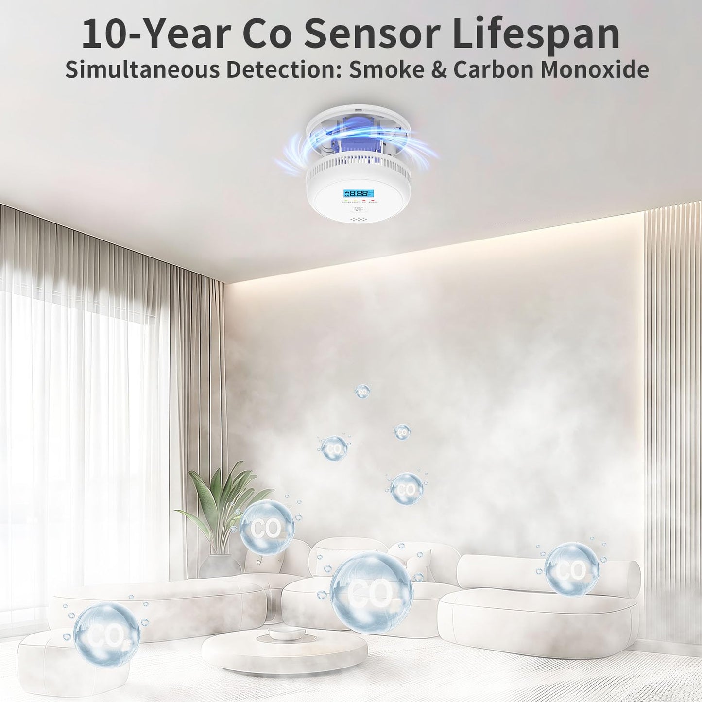 SHYEEH 2 in 1 Smoke and Carbon Monoxide Detectors, Battery-Operated (Battery not Included) Smoke Detector and CO Detector with 10-Year Sensor, Sound Warning and LCD Display for Home and Travel.