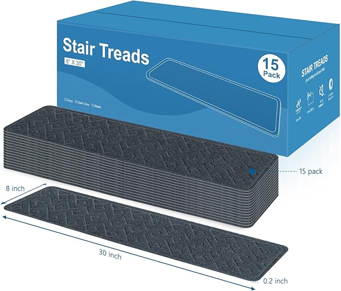 Stair Treads for Wooden Steps, 8" X 30" Non Slip Stair Runner Carpet Indoor with Reusable Adhesive Backing, Soft Tread Mat for Stairs, Polyester TPR Backing Stair Rugs- Dark Gray 15 Pack