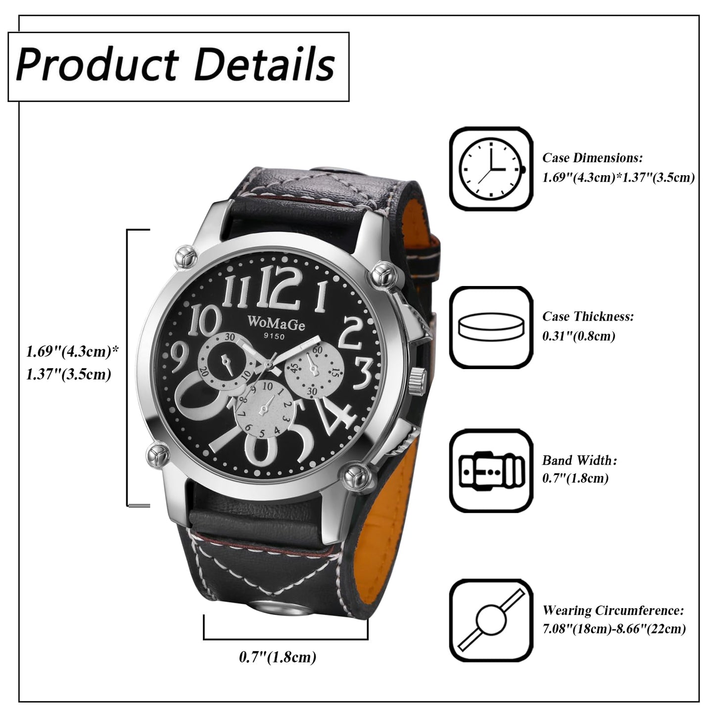 Avaner Men's Oversize Steampunk Watches: Retro Wide Band Analog Quartz Leather Strap Big Face Large Dial Wrist Watch