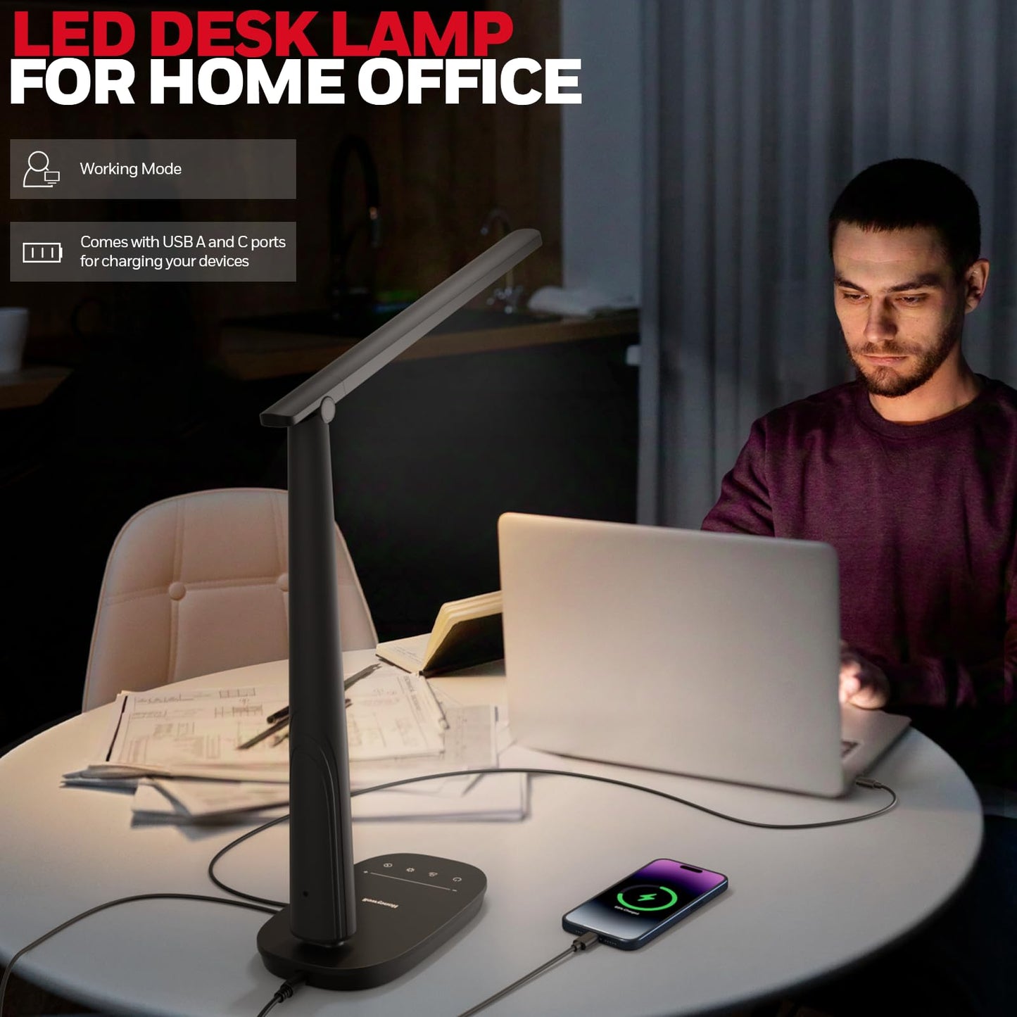 HONEYWELL Desk Lamp for Home Office, Dimmable LED Desk Light with USB A+C Dual Charging, 4 Modes Brightness Touch Lamp with Timer, Eye Caring Foldable Reading Light, Table Lamp for Study Nightstand