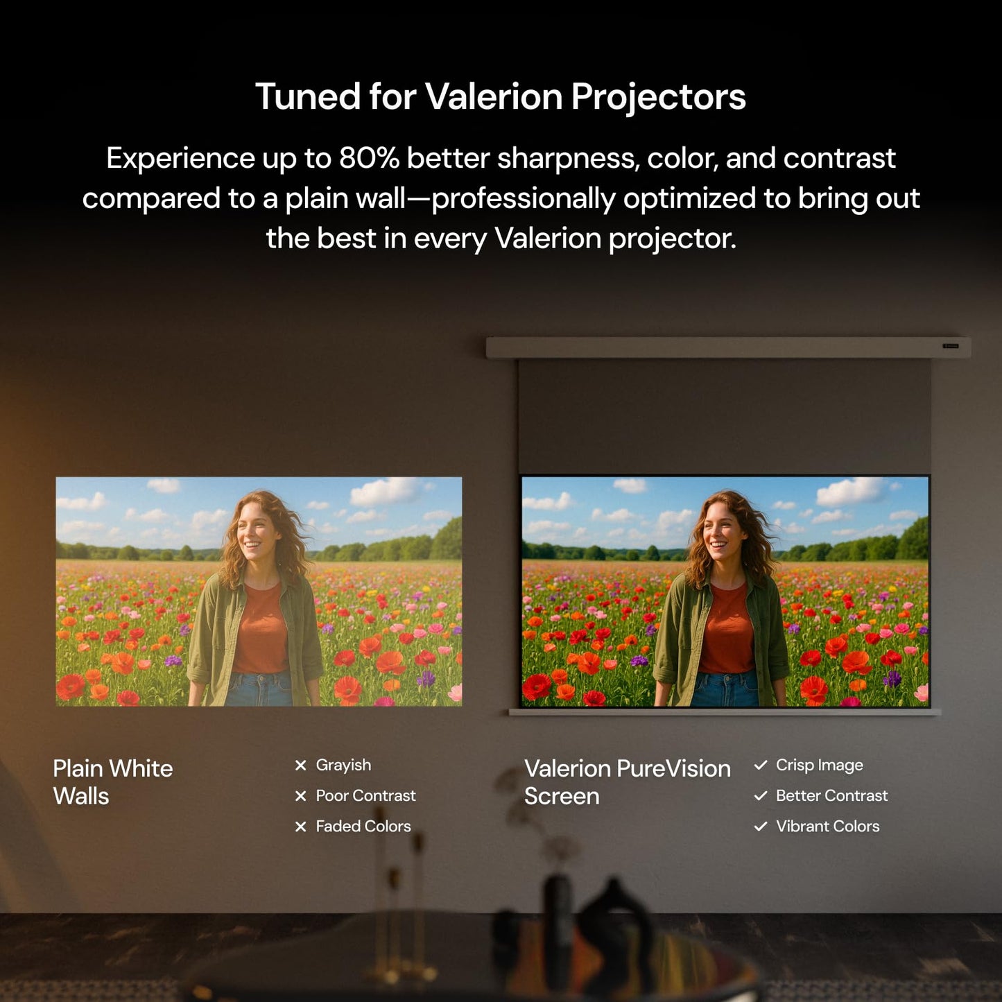 Valerion 100" PureVision Motorized Projector Screen, Laser Speckle Reduction, Auto-Sync with Projector, 4K/8K UHD Ready, 20" Adjustable Drop, Black Backing for Enhanced Contrast, Long Throw Only