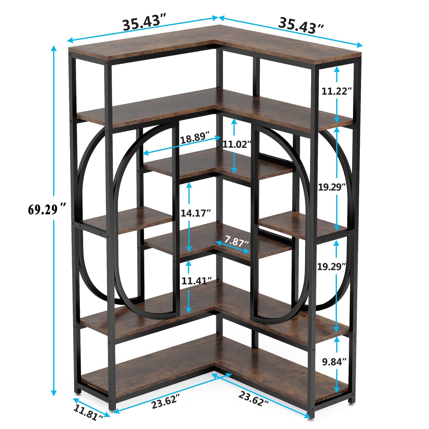 Tribesigns 7-Shelf Corner Bookshelf, Large Modern Corner Bookcase, Tall L-Shaped Corner Shelf Stand Display Rack with Storage, Metal Frame for Living Room Home Office (Rustic Brown)