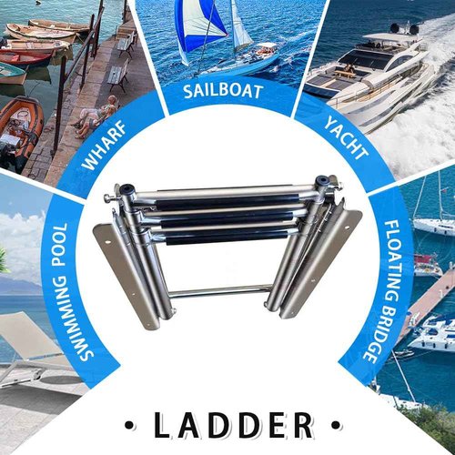 Mojiate Made 3 Step Telescoping Folding Boat Ladder Boarding Stepladder with Press-Type Spring for Boat Yacht Swimming Pool and More, Rated to 400 Pounds
