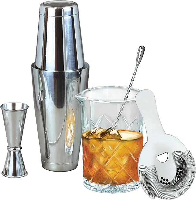 Lily's Home 6-Piece Boston Cocktail Shaker Set: Boston Shaker Cocktail Set,Mixing Glass, Mixing Spoon,Dual Sided Jigger an...