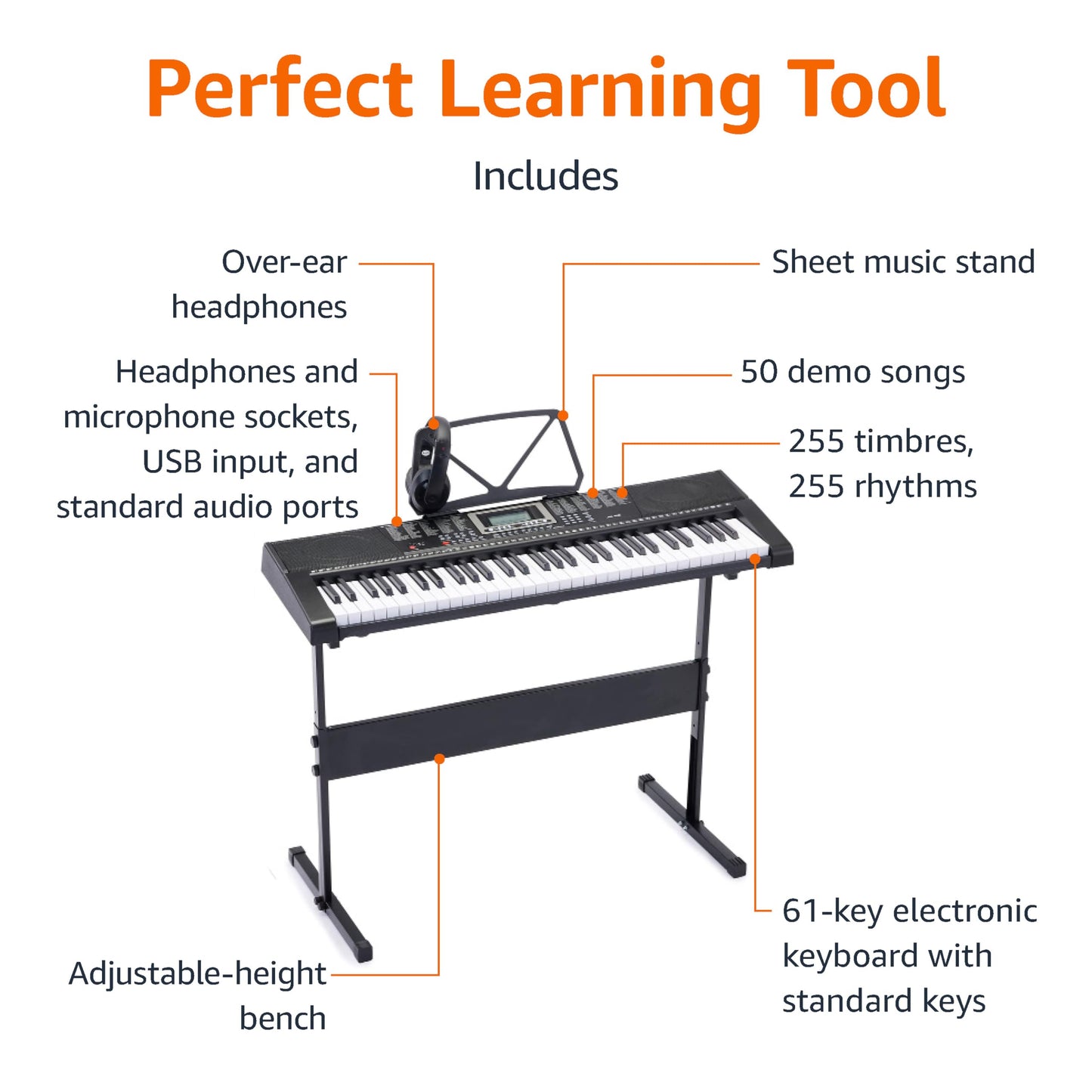 Amazon Basics Portable Electric Keyboard Piano with 61 Full Size Keys, Built-in Speakers, Songs for Learning, Digital Piano, Black