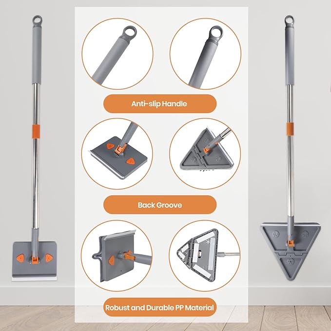 85'' Wall Mop and Baseboard Cleaner Tool with Handle 2-in-1 Wall Cleaner Mop with Triangle & Square Heads, 8pcs Reusable Pads for Cleaning, Ceiling, Wall, Floor, Shower