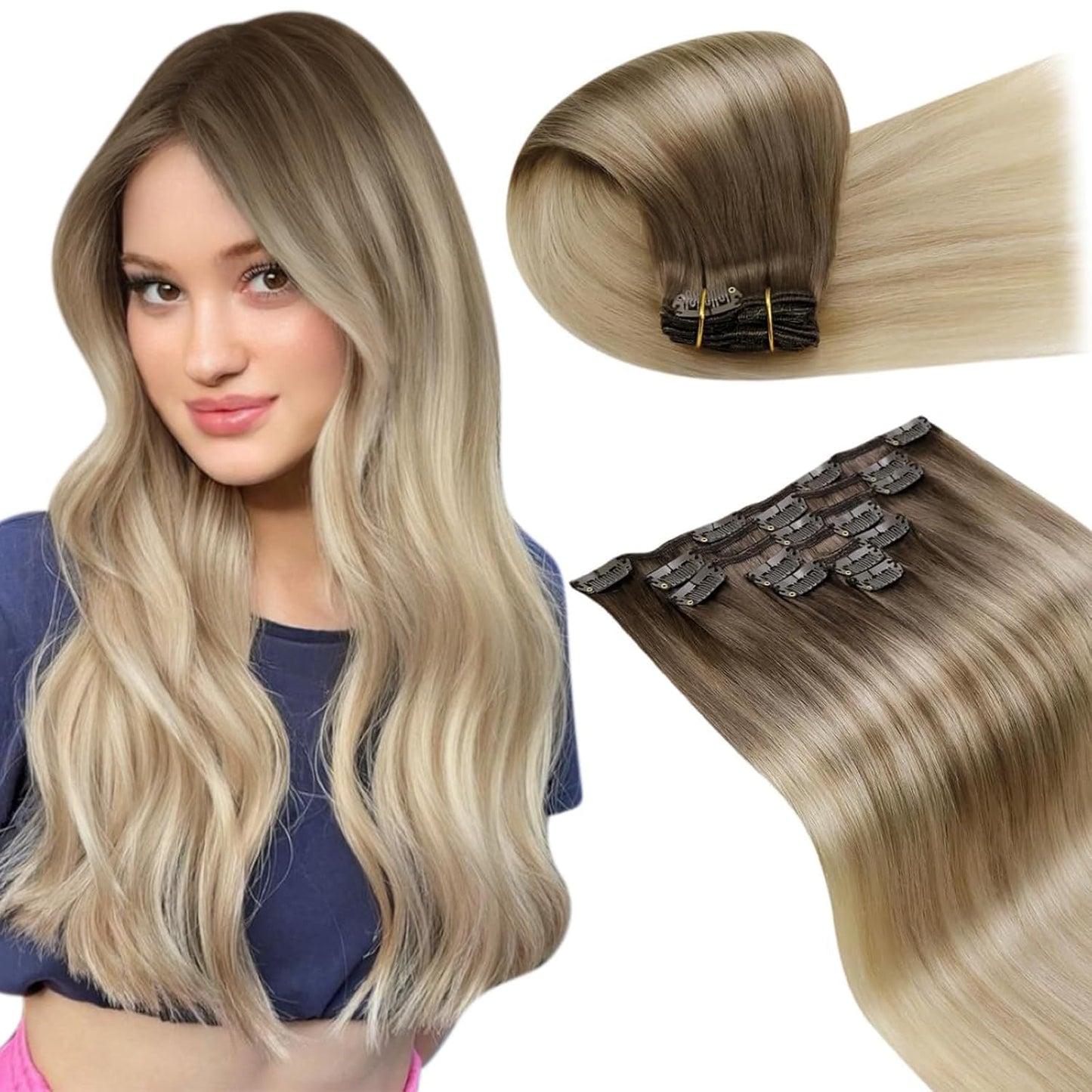 LaaVoo Ombre Clip in Hair Extensions Real Human Hair Light Brown to Ash Blonde with Platinum Blonde Balayage Human Hair Clip in