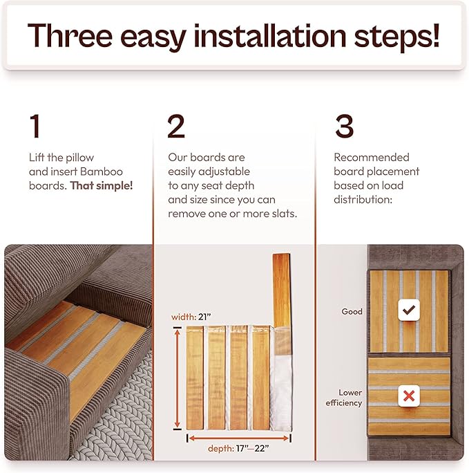 Trustic Couch Cushion Support for Sagging Seat [ 22 x 84], Sofa Saver, Sag Away Solution, Under Cushion Adjustable Bamboo Board Inserts, Heavy Duty, Extra Sturdy, and Thick 0.47"