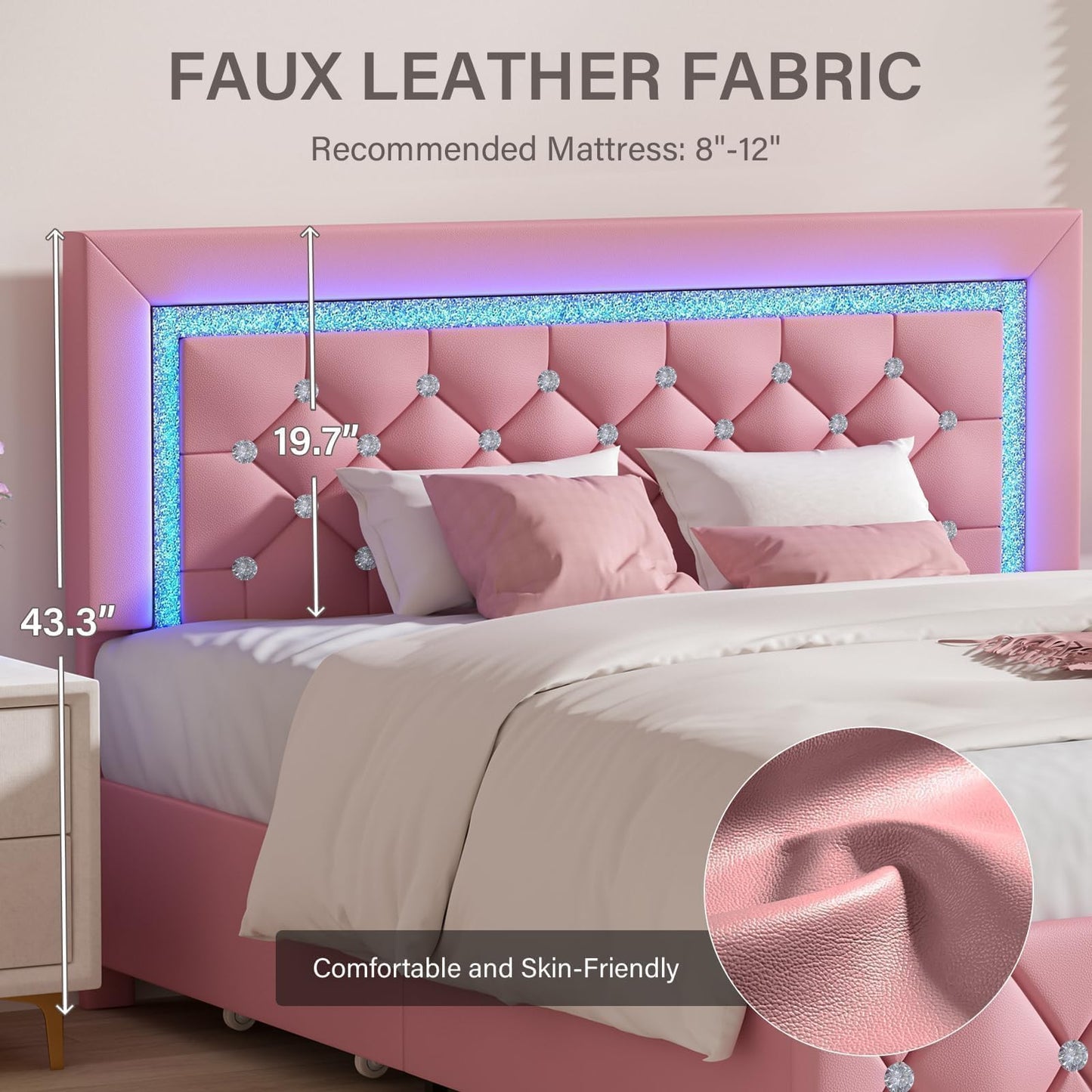 Twin Bed Frames with LED Lights and Storage Drawers, Upholstered Platform Bed with Diamond Headboard, Faux Leather Princess Platform Bed, No Box Spring Needed, Easy Assembly, Pink