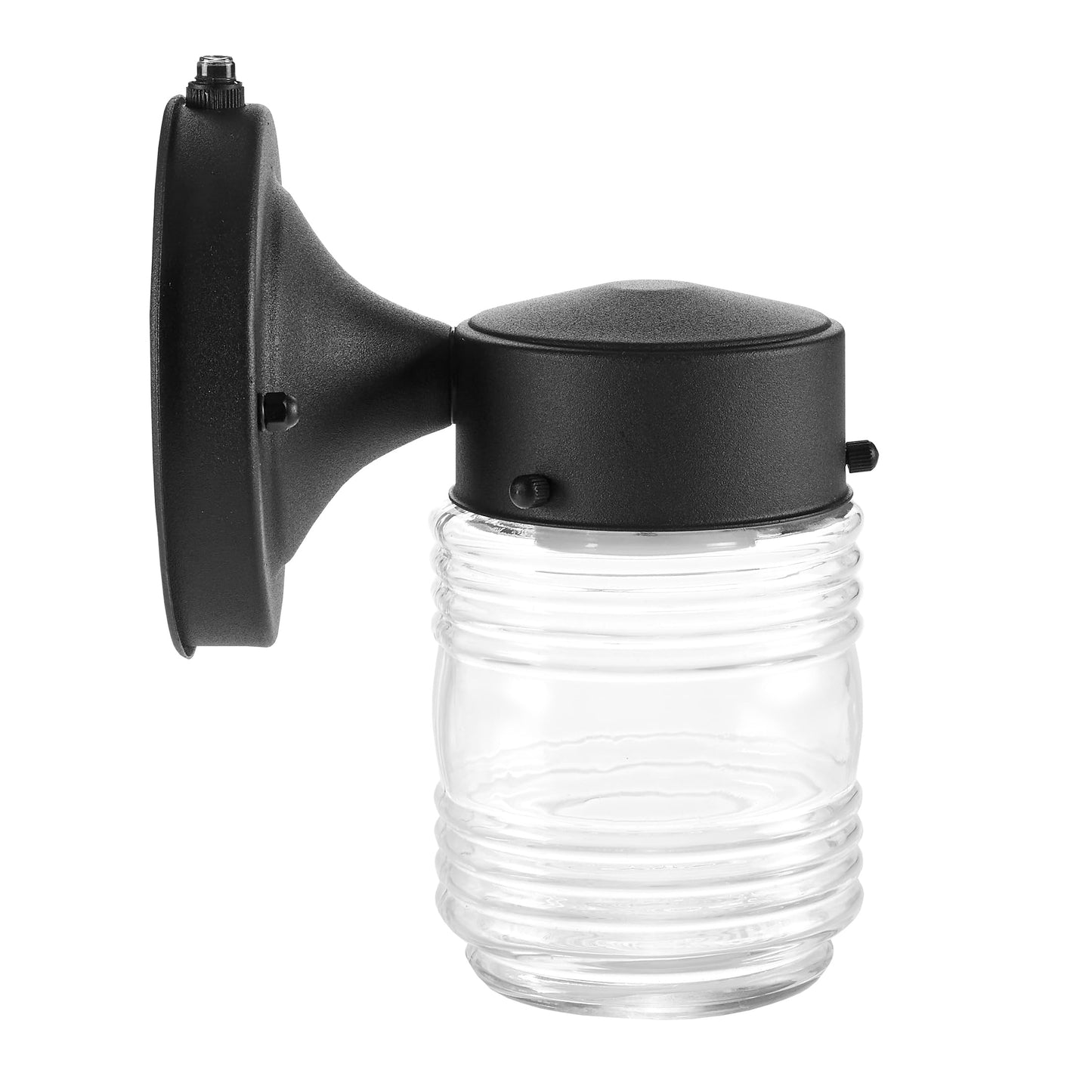 Maxxima Outdoor Wall Lantern Light Fixture, Enclosed Clear Ribbed Glass Jelly Jar Exterior Light, Black Finish, Dusk to Dawn Sensor, 800 Lumens, Photocell Sensor, 3000K Warm White