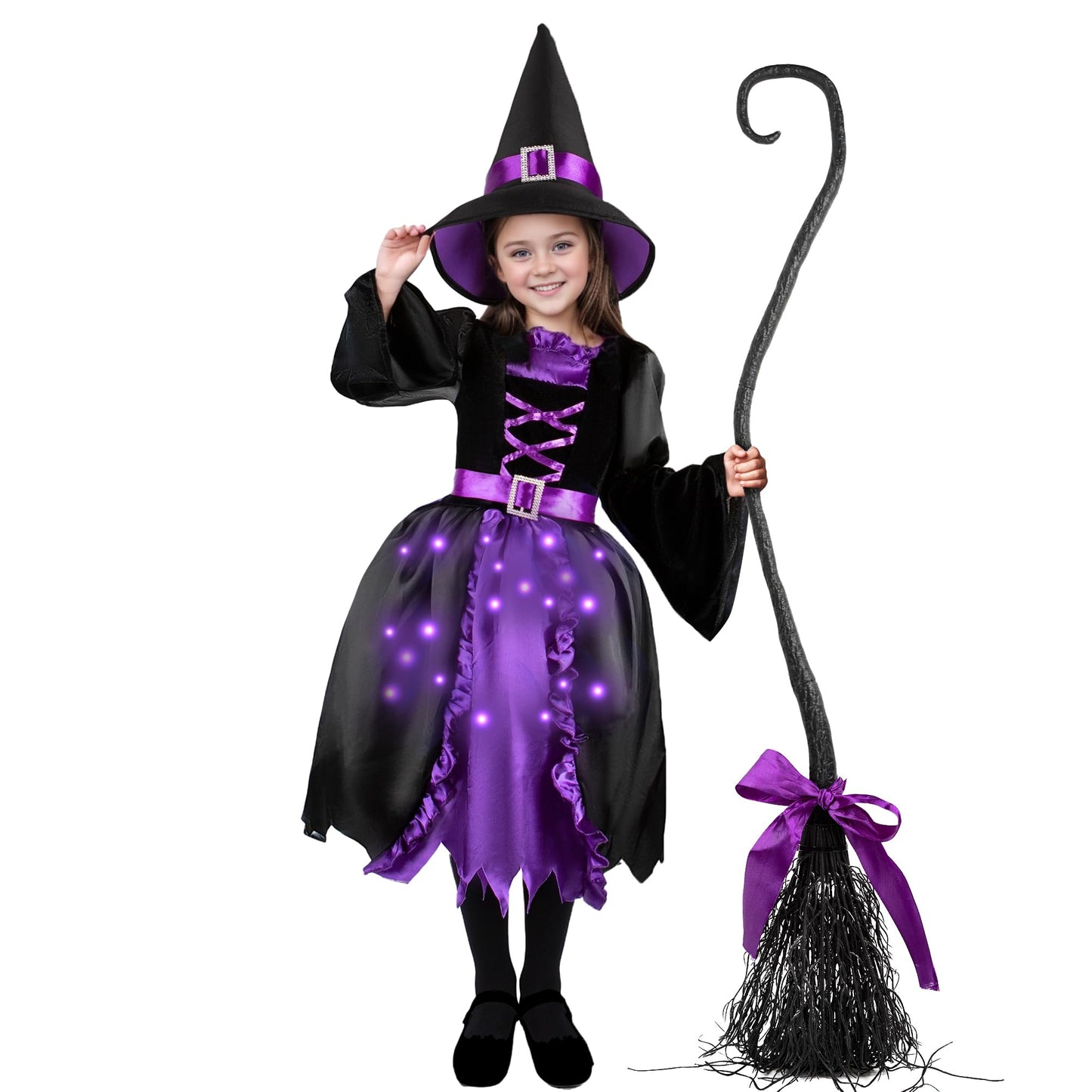 Kiddokids Witch Costume for Girls- Light-Up Dress with Hat & Broom Accessories, Halloween Costume Set for 3-12 Years, Purple Witch Outfit for Halloween Parties & Role Play