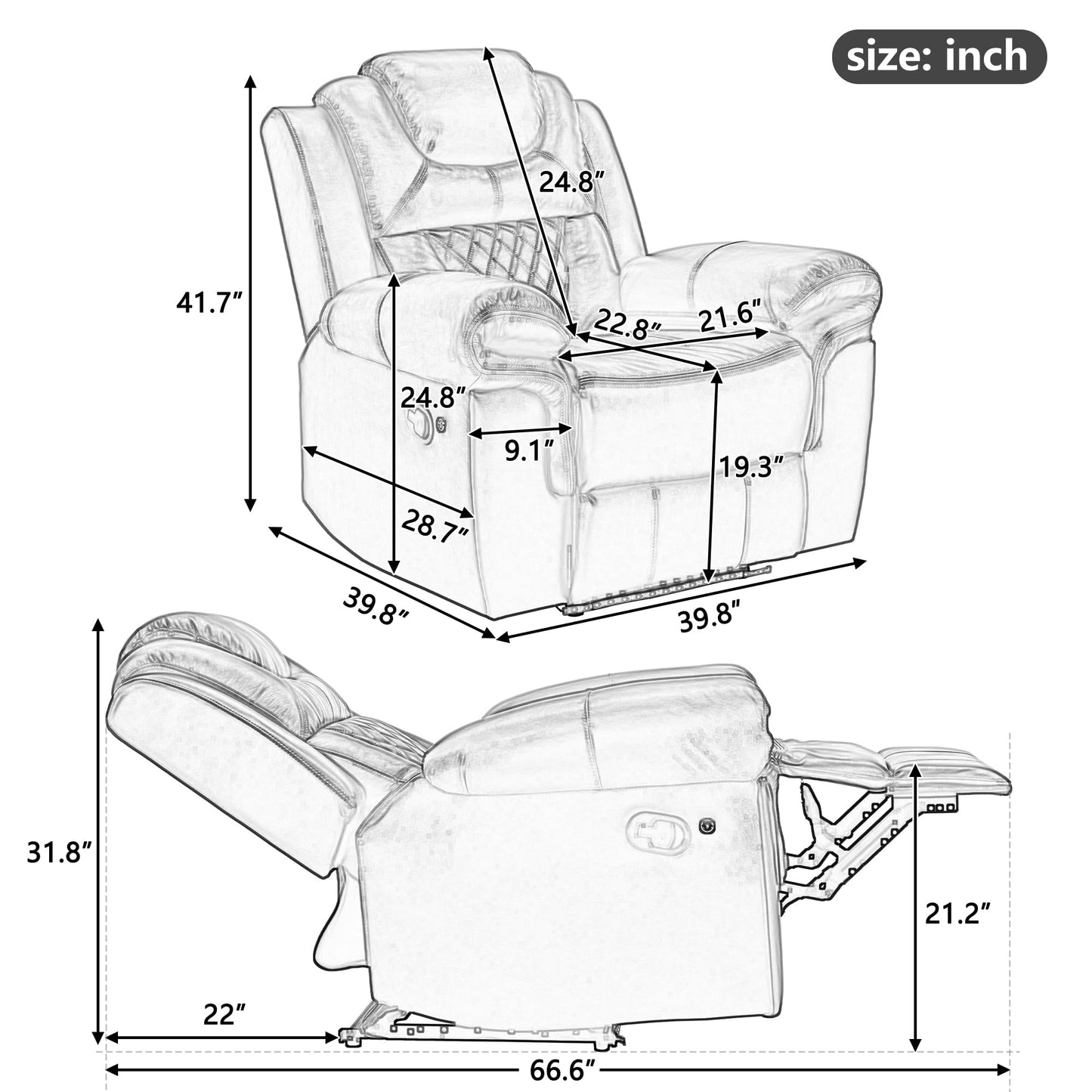 ERYE Manual Recliner Chair with LED Light Strip for Living Room, Bedroom, Manual Reclining Home Theater Seating Armchair, Faux Leather Tufted
