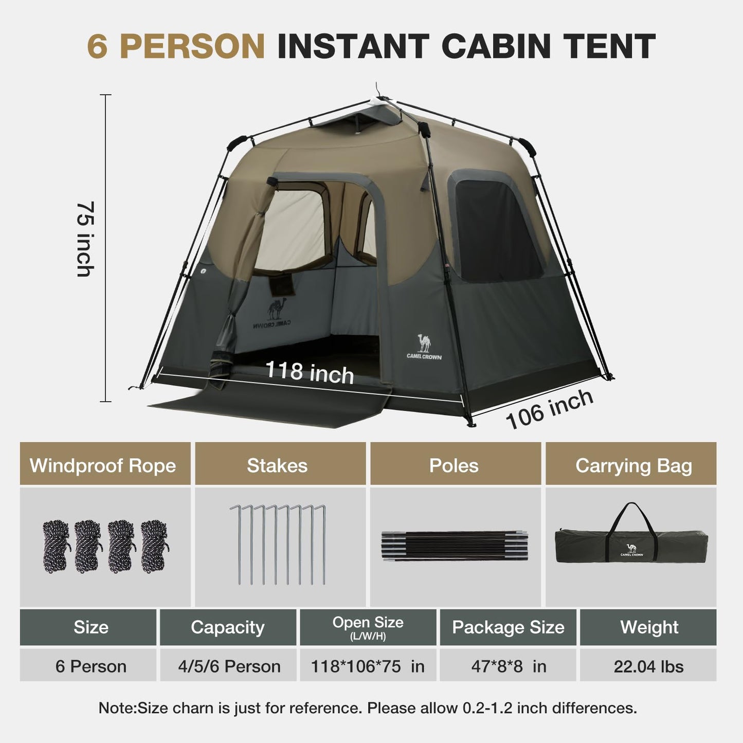 CAMEL CROWN Instant Tents for Camping 4-6 Person Tent Waterproof Easy Setup Sets Up in 60 Seconds Backpacking Tents with Carry Bag for Outdoor Hiking Sandy Brown