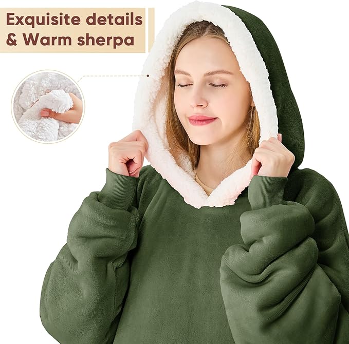 yescool Wearable Blanket Hoodie, Flannel Sherpa Fleece Blanket Sweatshirt for Adults Women Men,One Size Fits All