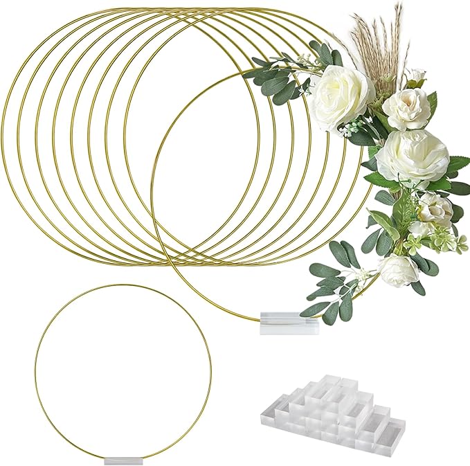 TEKXYZ 12 Inch Gold Metal Floral Hoops with Transparent Acrylic Bases for Table Centerpiece Decoration - Pack of 10