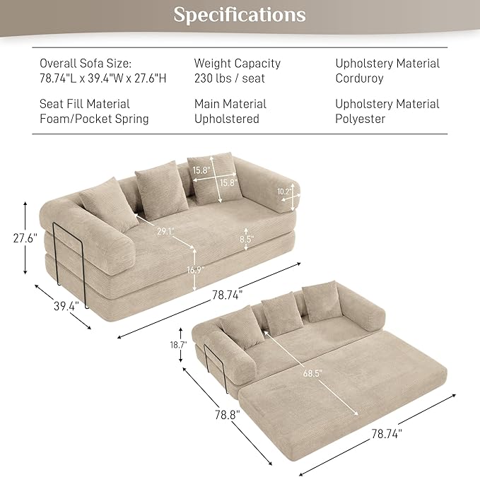 DAMAIFROM Convertible Sleeper Sofa Bed with Cylindrical Pillow, Corduroy Folding Mattress Couch with Fixed-Shape Frame, Modular Floor Sofa Lounge Couch for Living Room Bedroom Lounge, Light Brown