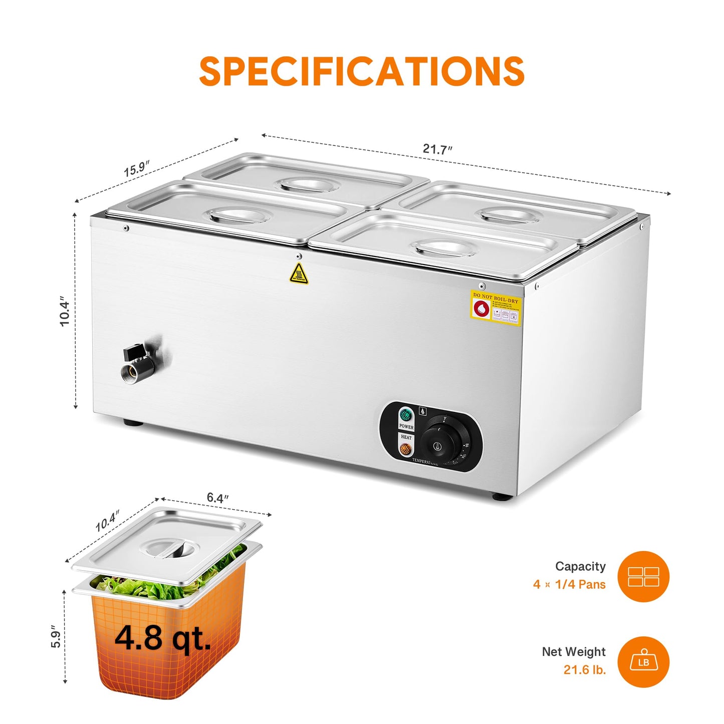 WILPREP Commercial Food Warmer with Four 1/4 Pans, 1500W Countertop Electric Steam Table, 86-185°F Adjustable Temp Control & Over-Temp Protection, Stainless Steel Buffet Bain Marie