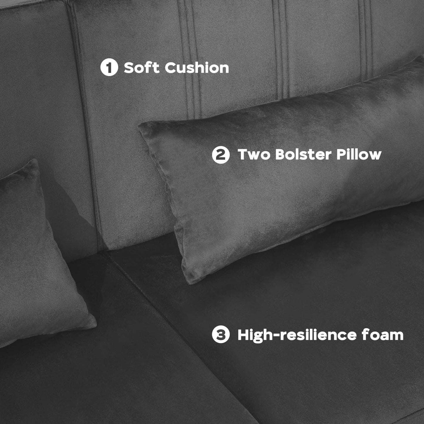 dannratch 70'' Futon Sofa Bed Velvet Convertible Sleeper Sofa Tufted Couch Bed with Adjustable Armrests and Backrest, Modern Loveseat Sleeper Bed with 2 Bolster Pillows for Living Room, Bedroom, Grey